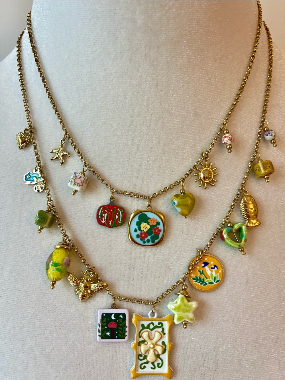 Gold-Tone Multi-Charm Floral & Heart Steel Necklace - Colorful